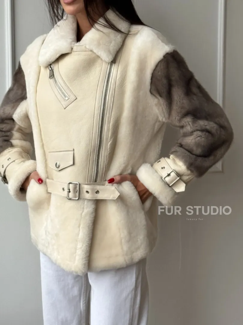 Дубленка из натуральной овчины с рукавами из меха норки - фото 4