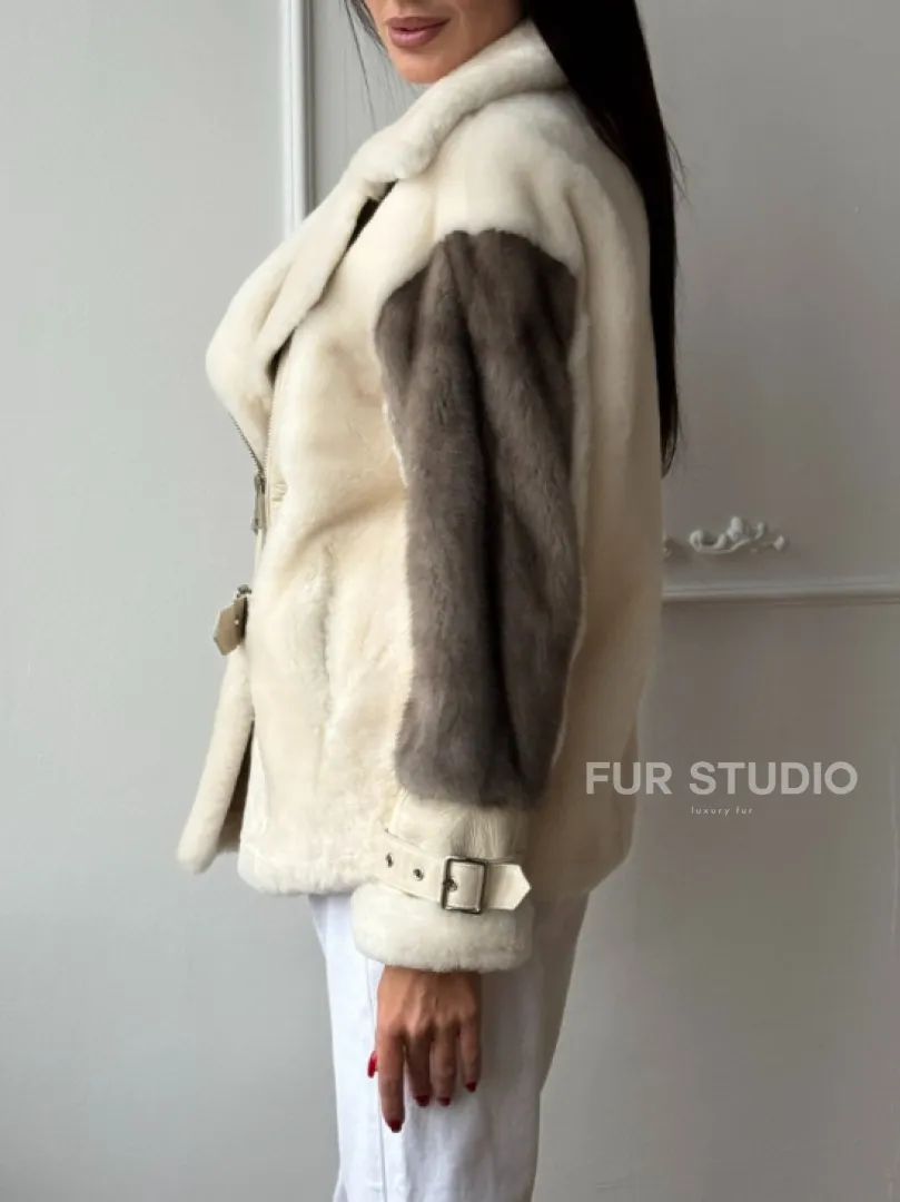 Дубленка из натуральной овчины с рукавами из меха норки - фото 6