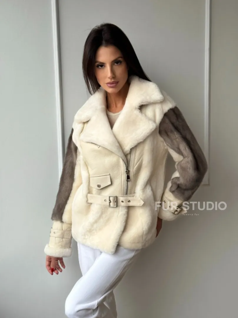 Дубленка из натуральной овчины с рукавами из меха норки - фото 9