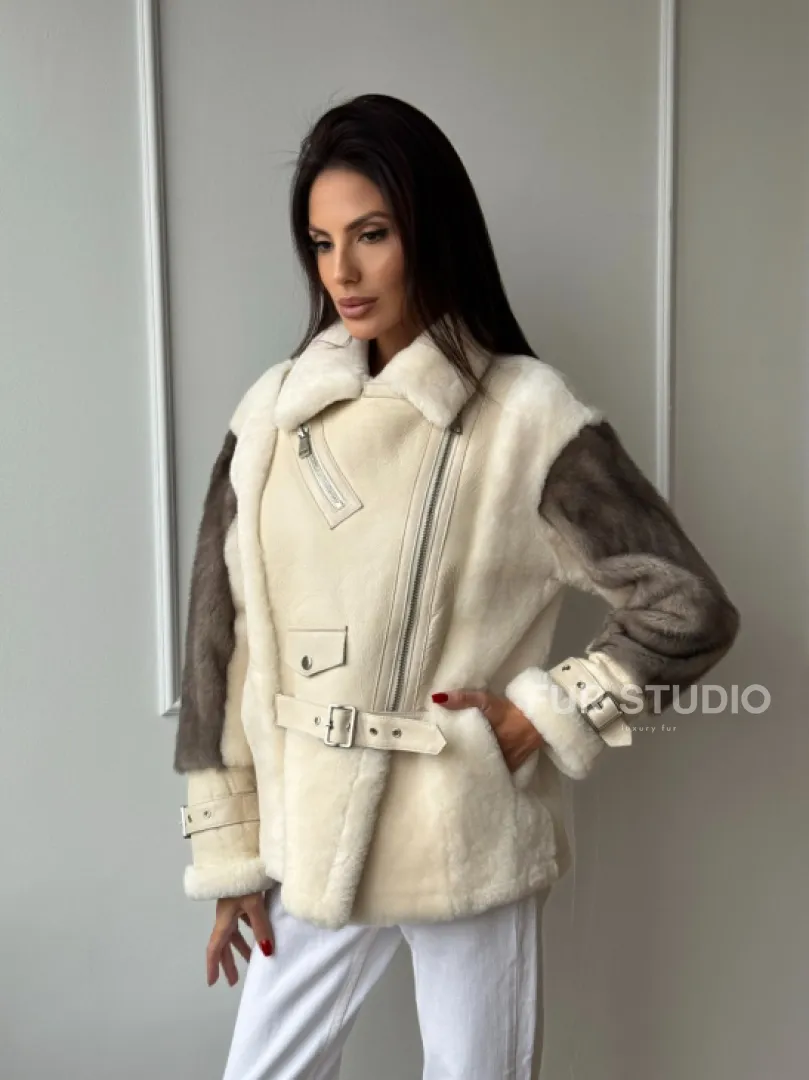 Дубленка из натуральной овчины с рукавами из меха норки - фото 7