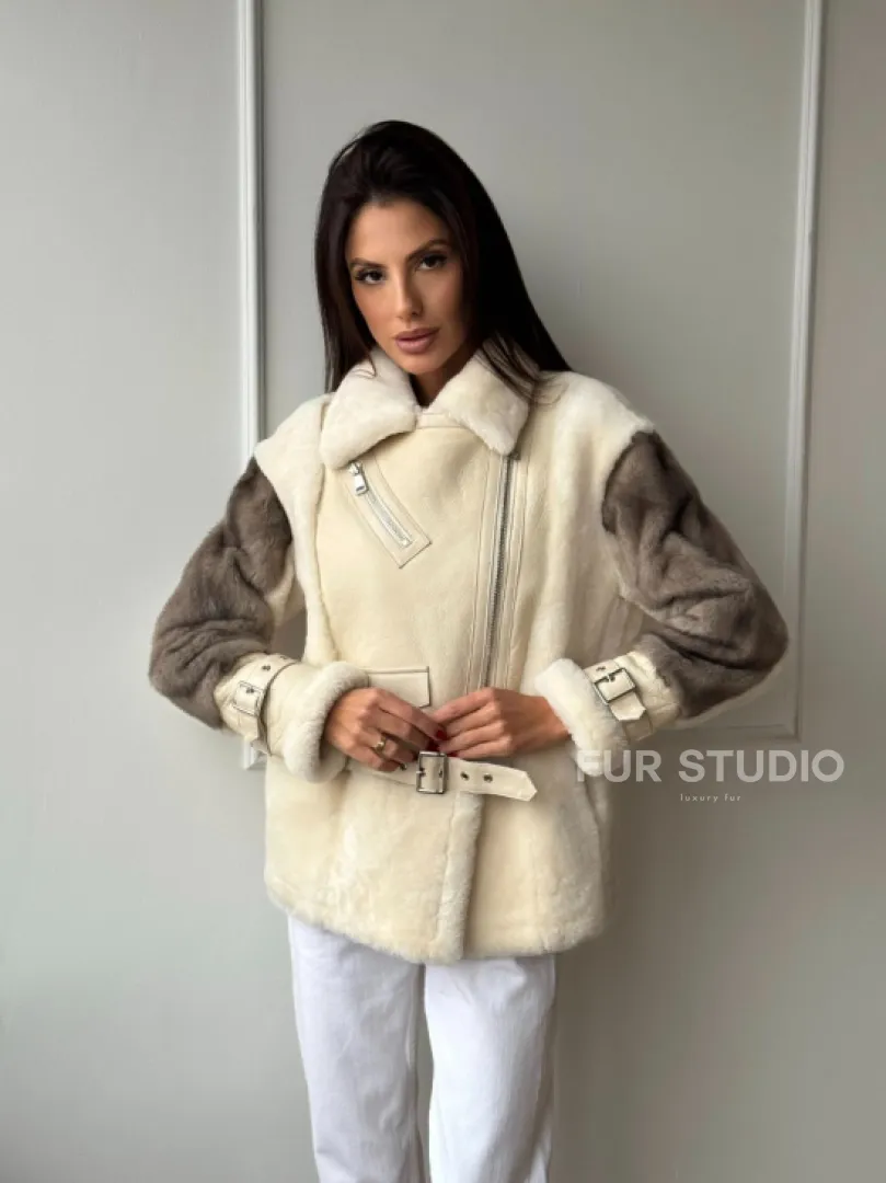 Дубленка из натуральной овчины с рукавами из меха норки - фото 11