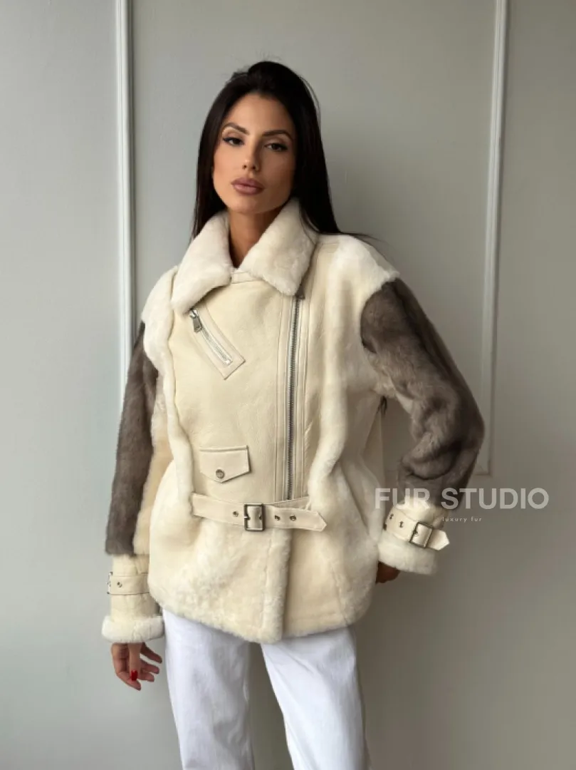 Дубленка из натуральной овчины с рукавами из меха норки - фото 10