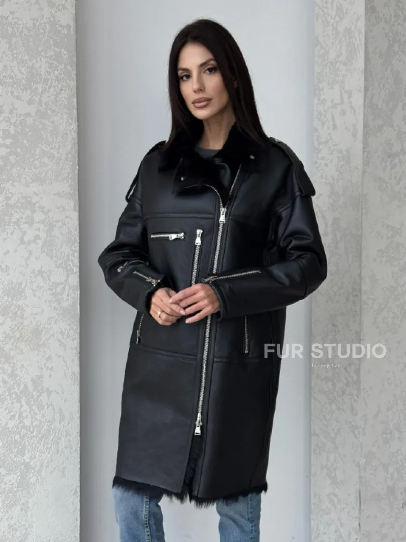 Удлиненная дубленка - авиатор из натуральной овчины с мехом тосканы - фото 0