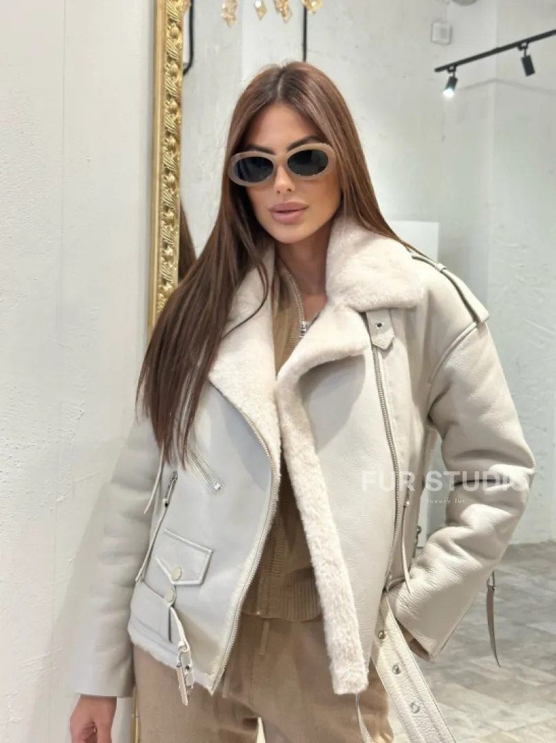 Дубленка-авиатор из натуральной овчины со шнуровкой - фото 1