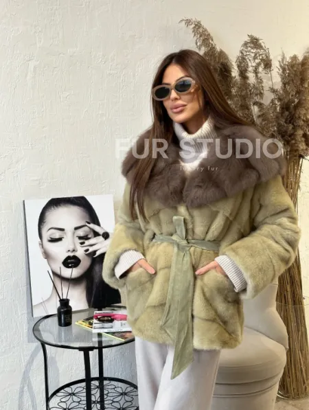 Куртка из меха норки с капюшоном  - цвет фисташка - фото 2