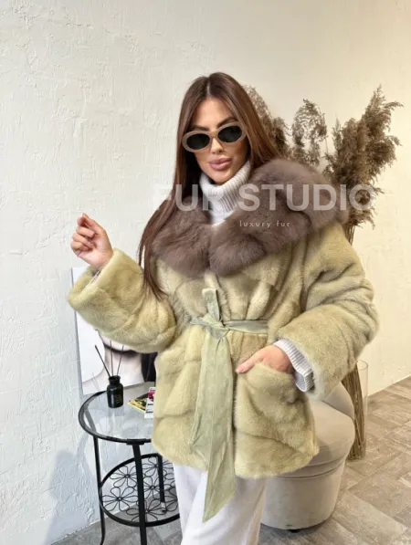 Куртка из меха норки с капюшоном  - цвет фисташка - фото 3
