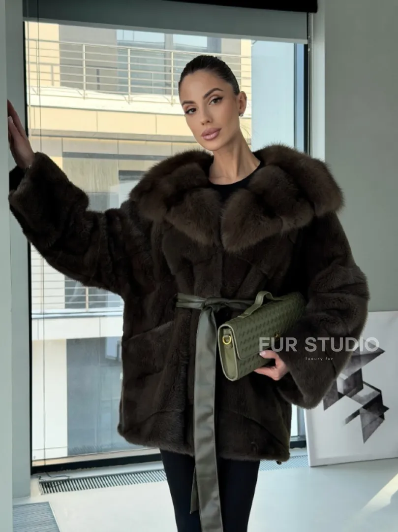 Норковое пончо шуба с капюшоном из меха куницы dark olive - фото 16