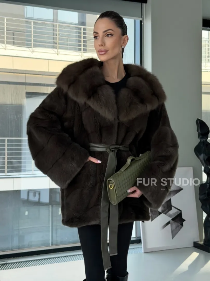 Норковое пончо шуба с капюшоном из меха куницы dark olive - фото 10