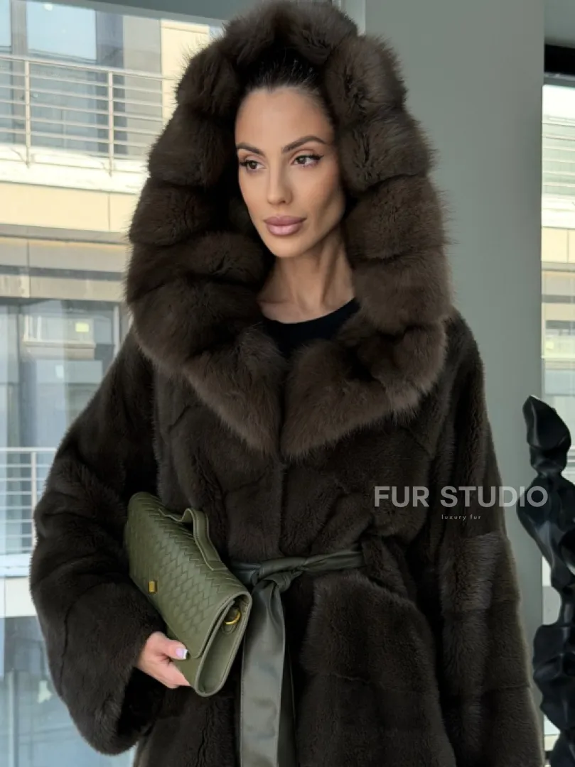 Норковое пончо шуба с капюшоном из меха куницы dark olive - фото 5