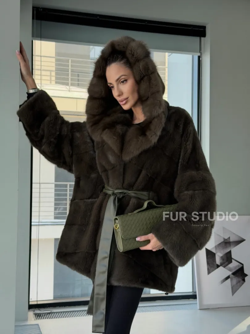 Норковое пончо шуба с капюшоном из меха куницы dark olive - фото 17