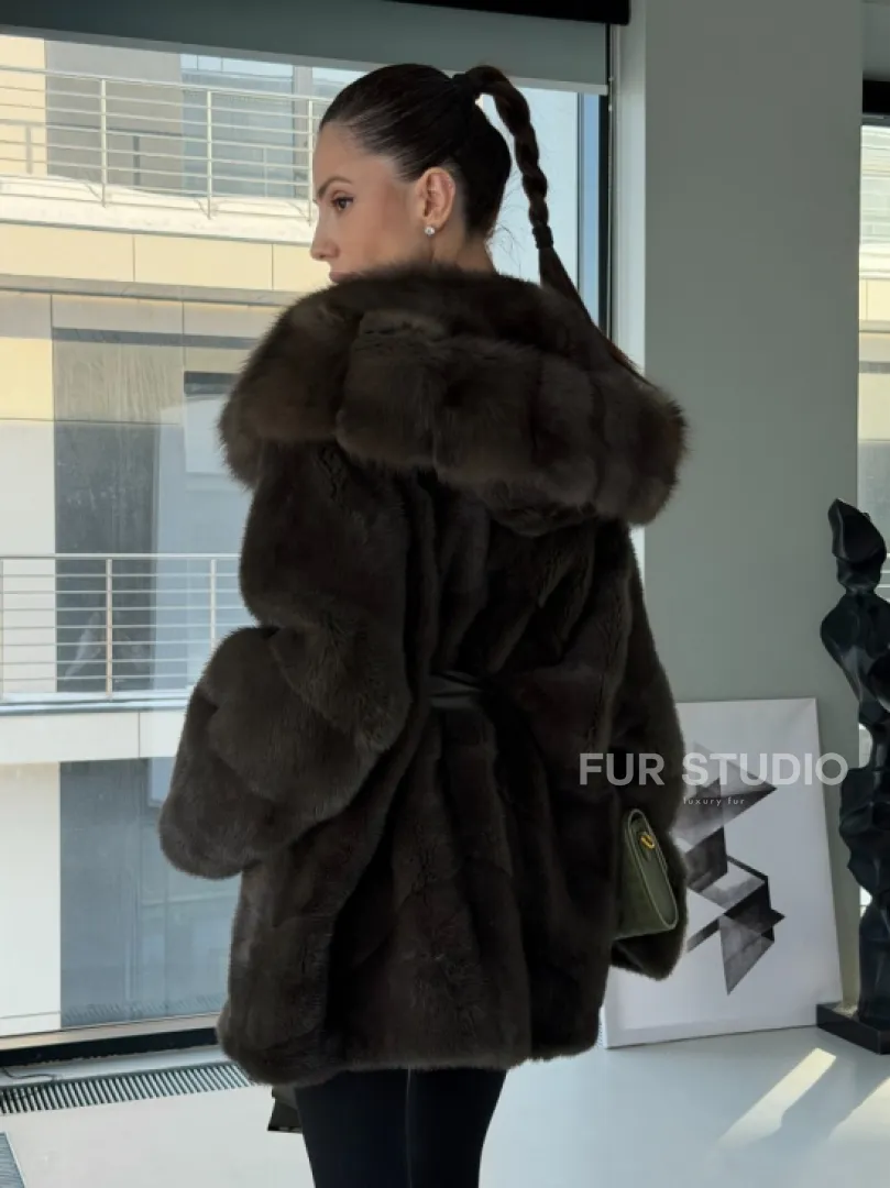 Норковое пончо шуба с капюшоном из меха куницы dark olive - фото 9