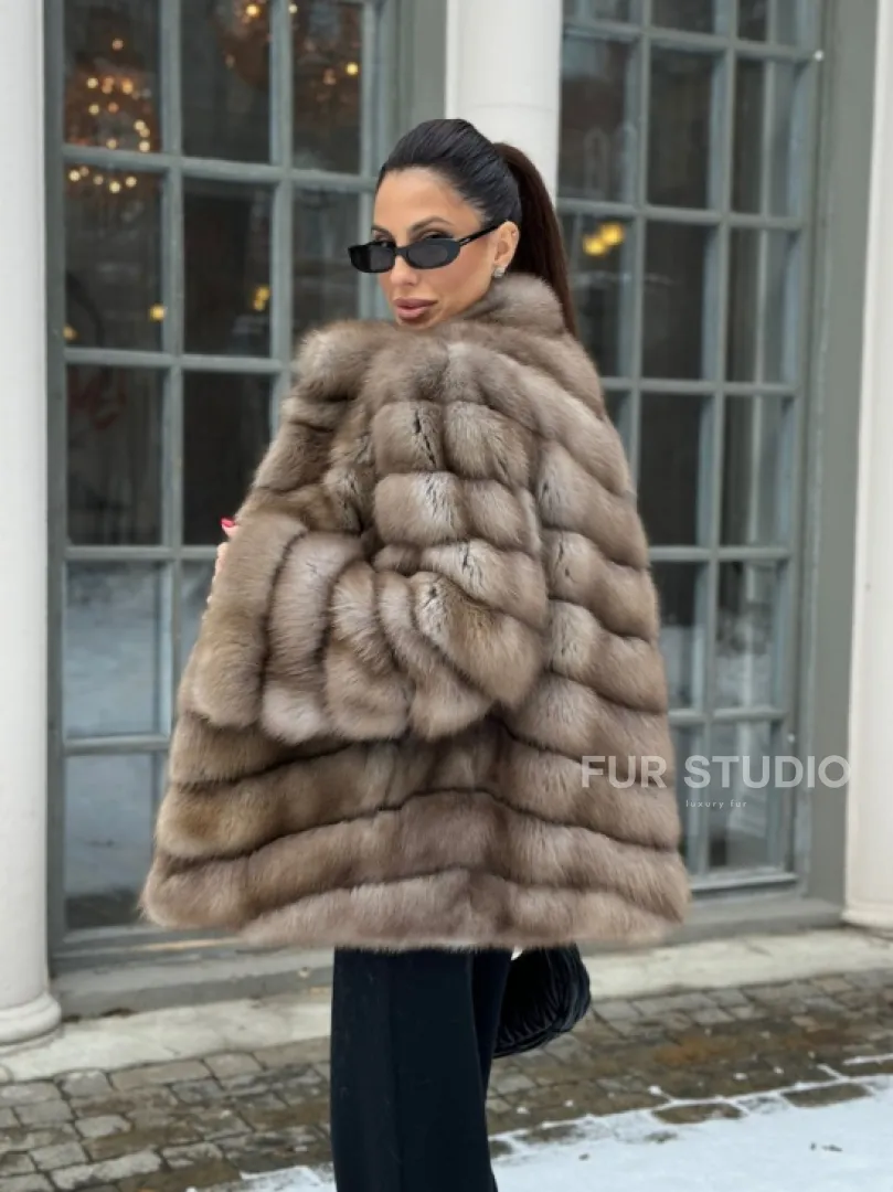 Шуба из меха куницы - цвет трюфель - фото 4