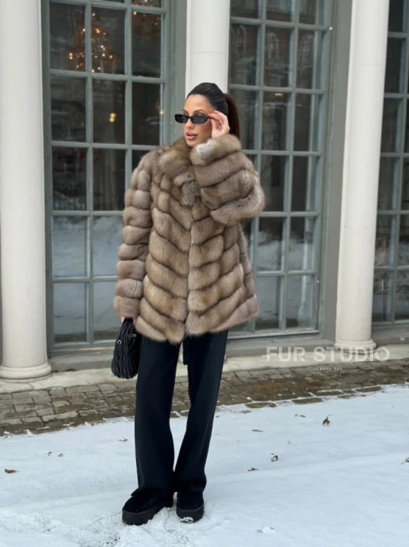 Шуба из меха куницы - цвет трюфель - фото 6