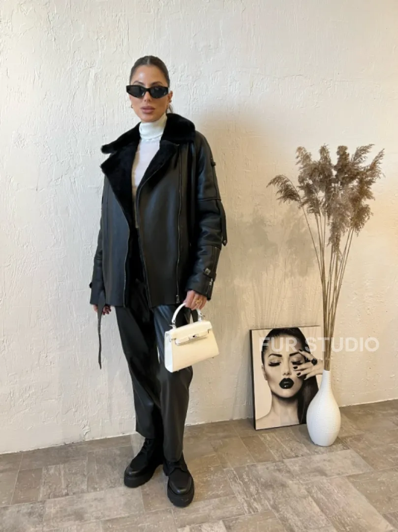 Дубленка авиатор в черном цвете из натуральной овчины - фото 6