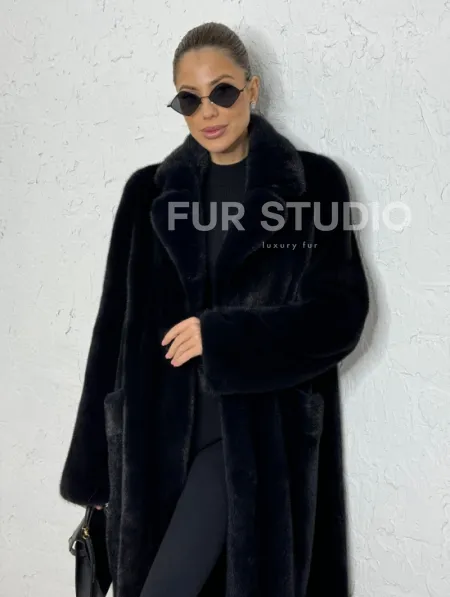 Шуба из плюшевой норки с английским воротником - цвет инфинити - фото 0