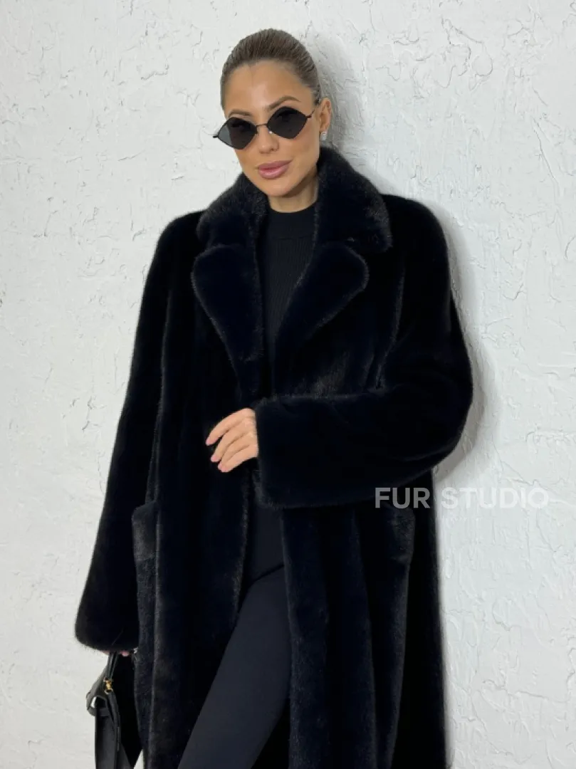 Шуба из плюшевой норки с английским воротником - цвет инфинити - фото 0