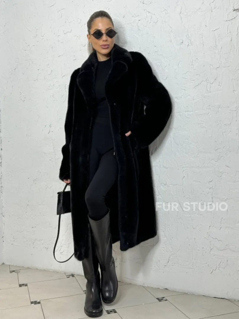 Шуба из плюшевой норки с английским воротником - цвет инфинити - фото 6