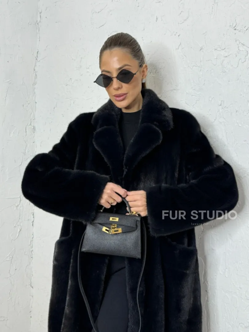 Шуба из плюшевой норки с английским воротником - цвет инфинити - фото 1