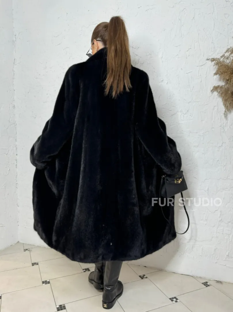 Шуба из плюшевой норки с английским воротником - цвет инфинити - фото 5
