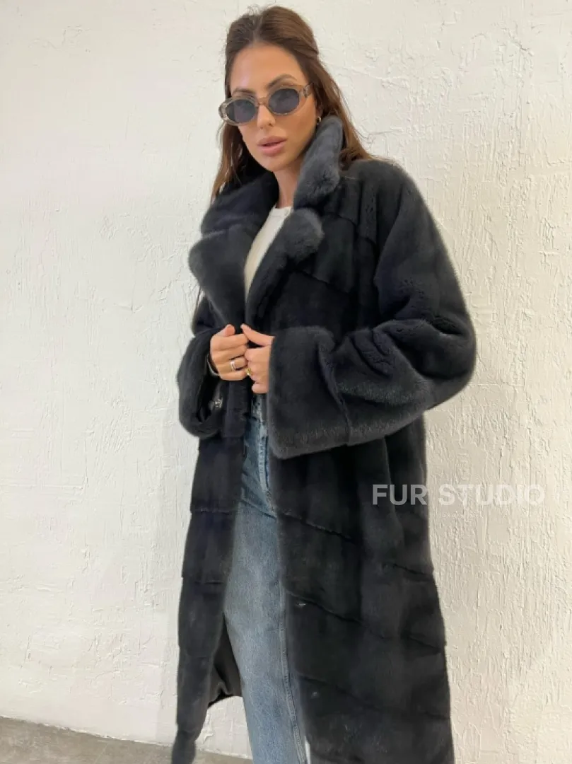 Шуба норковая с английским воротником - цвет графит - фото 5