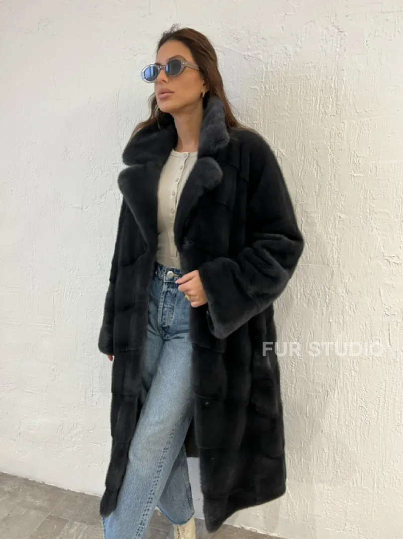 Шуба норковая с английским воротником - цвет графит - фото 6