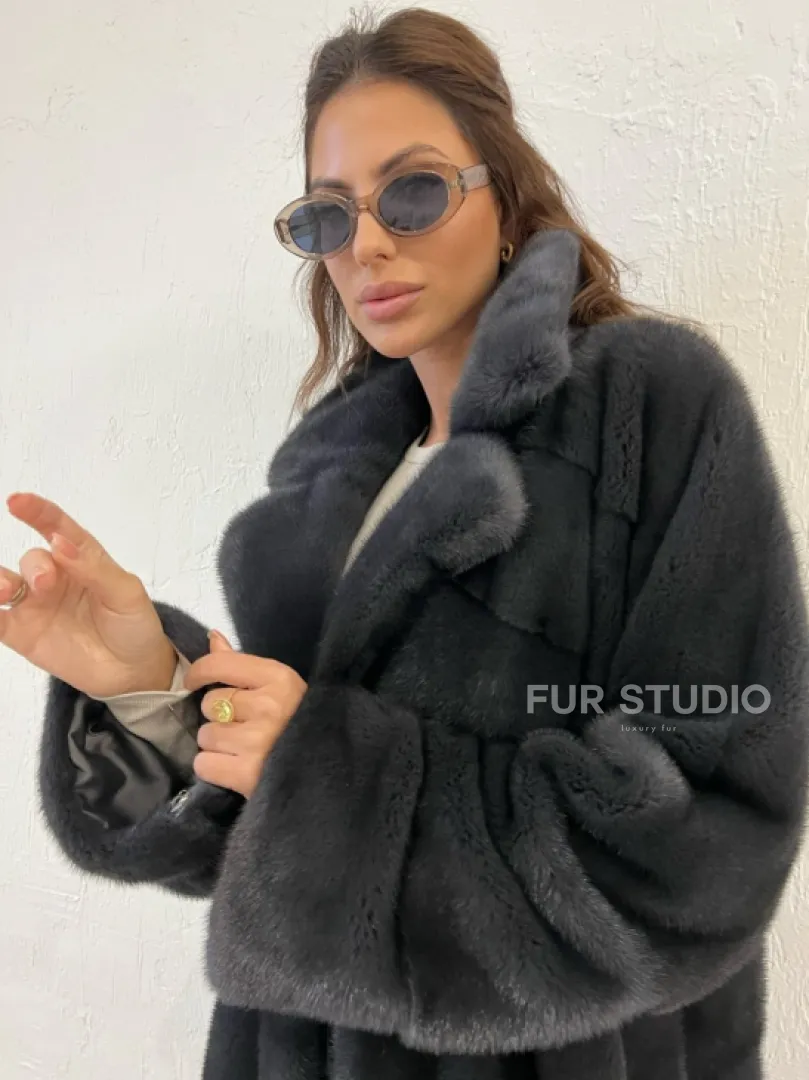Шуба норковая с английским воротником - цвет графит - фото 3