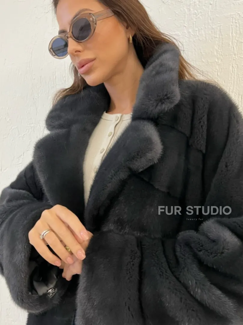 Шуба норковая с английским воротником - цвет графит - фото 1