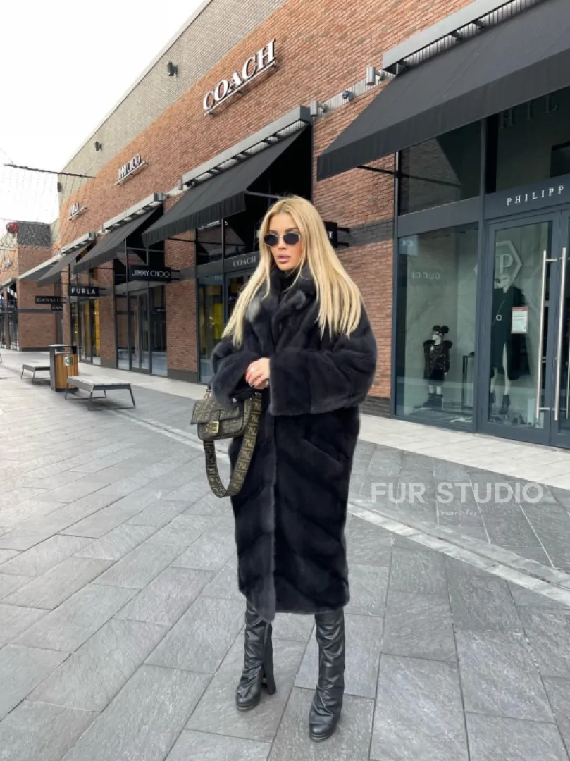 Шуба из меха норки с английским воротником - цвет графит - фото 4