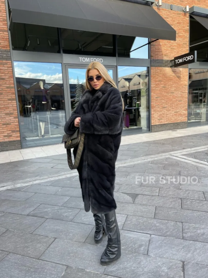 Шуба из меха норки с английским воротником - цвет графит - фото 5