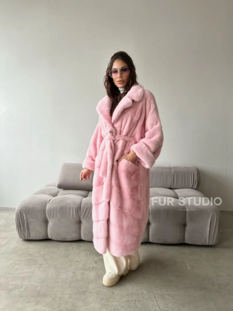 Удлиненная шуба из плюшевой норки Velvet цвет розовый