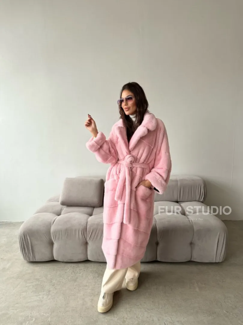 Удлиненная шуба из плюшевой норки Velvet цвет розовый