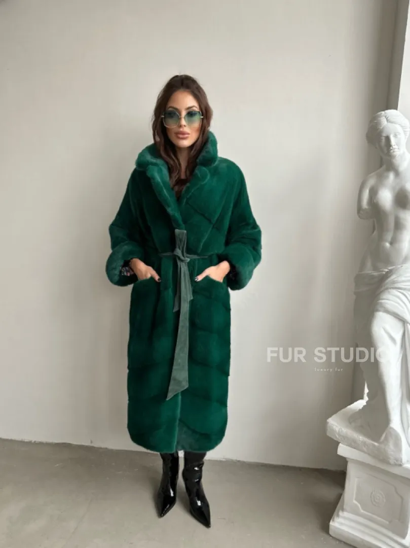 Норковая шуба с английским воротником - цвет изумруд - фото 0