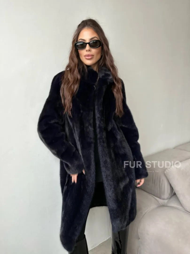 Шуба из аукционной норки стойка воротник  - цвет инфинити - фото 0