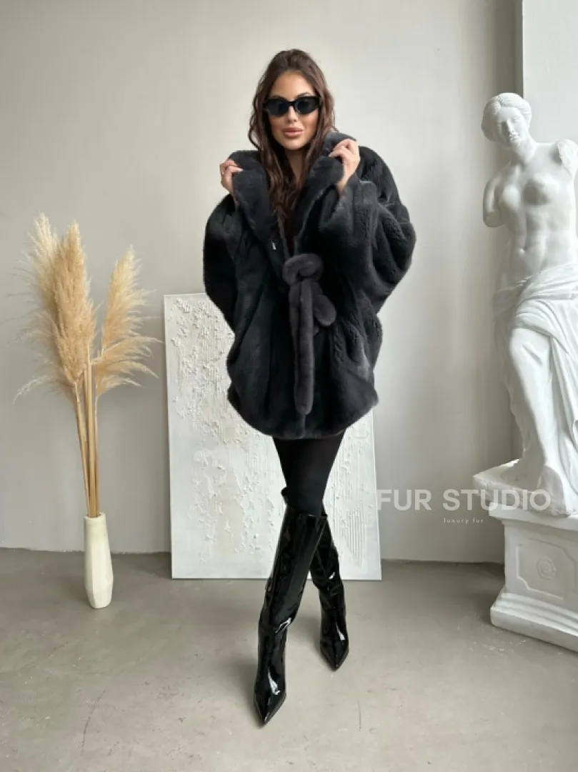 Шуба - манто из меха норки Nafa в цвете графит - фото 5