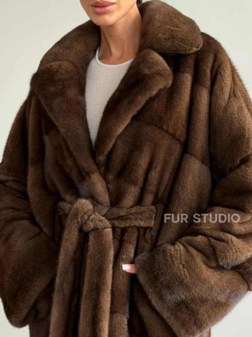 Шуба из плюшевой норки Velvet с английским воротником - цвет соболь - фото 1