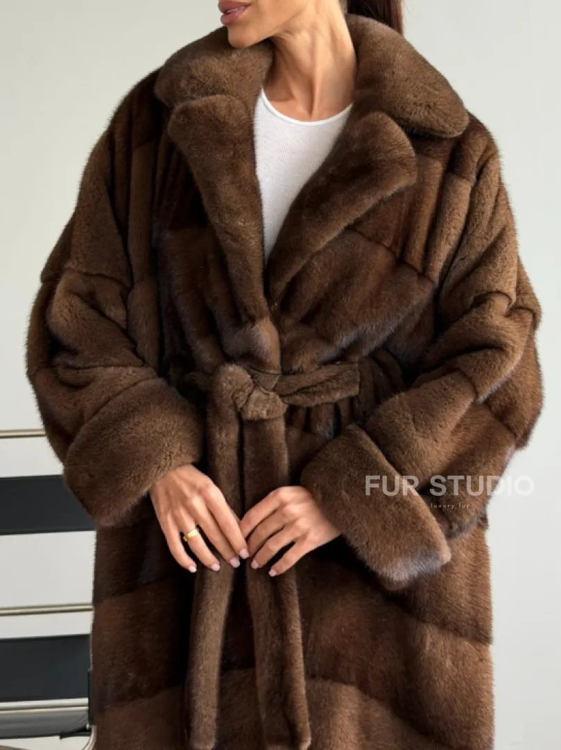 Шуба из плюшевой норки Velvet с английским воротником - цвет соболь