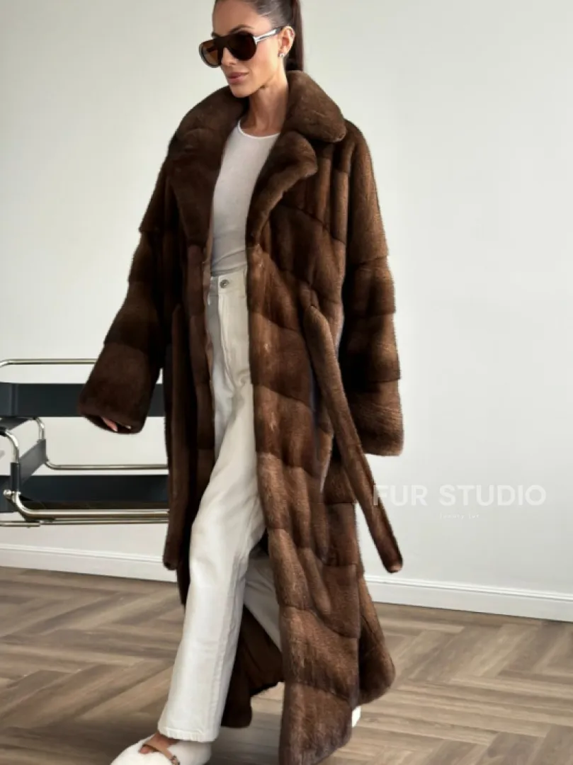 Шуба из плюшевой норки Velvet с английским воротником - цвет соболь - фото 5