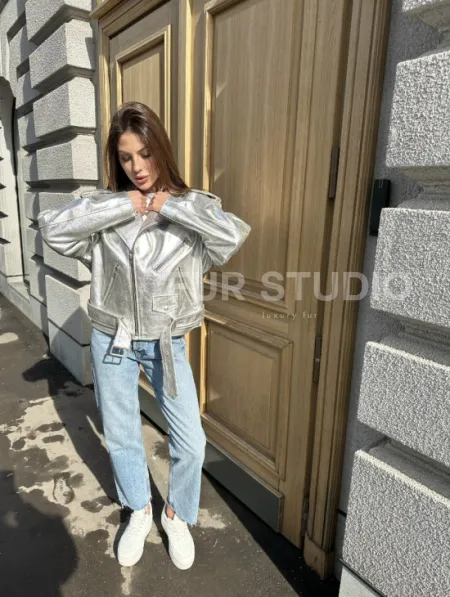 Куртка - косуха из натуральной кожи цвет серебристый - фото 9