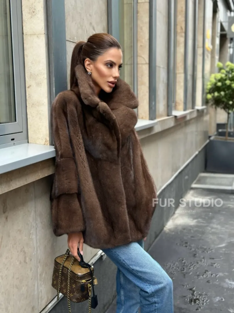 Норковый полушубок с английским воротником - цвет орех