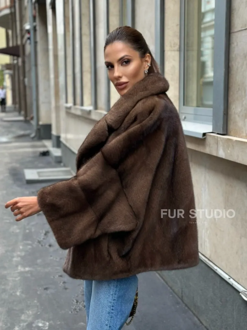 Норковый полушубок с английским воротником - цвет орех