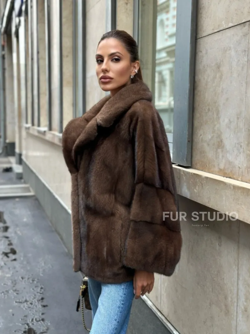 Норковый полушубок с английским воротником - цвет орех