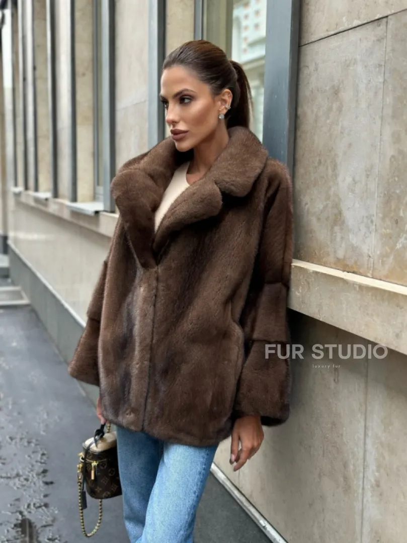 Норковый полушубок с английским воротником - цвет орех