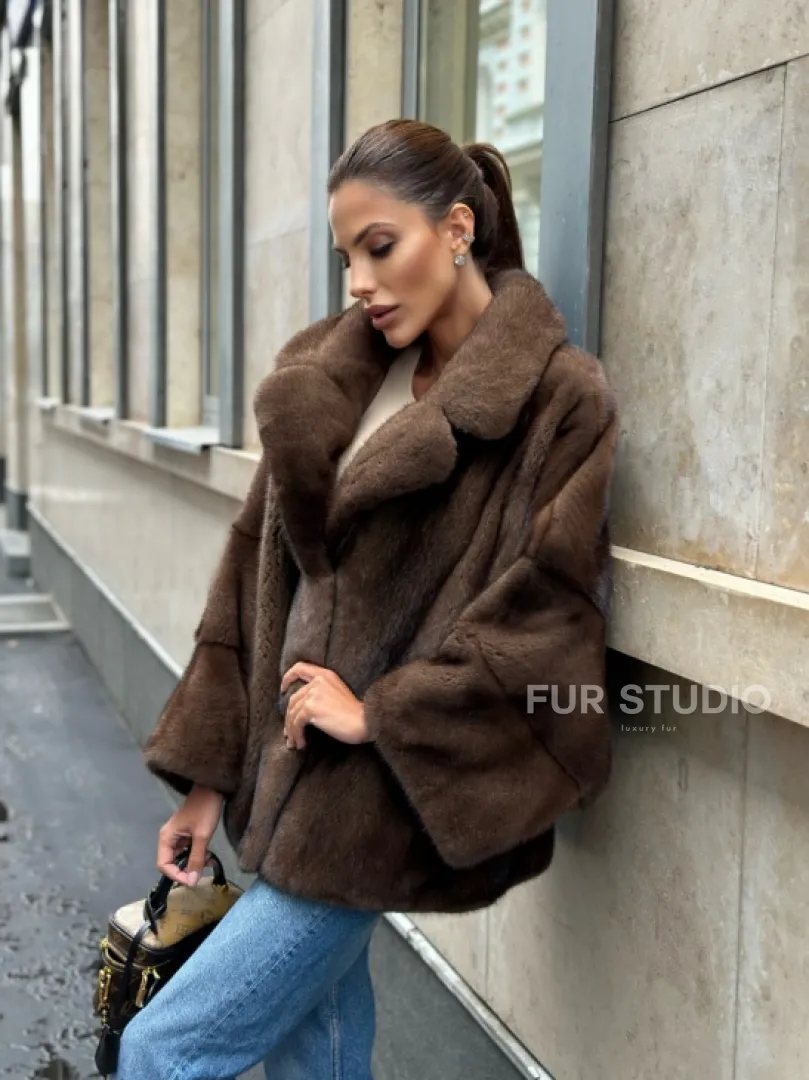 Норковый полушубок с английским воротником - цвет орех