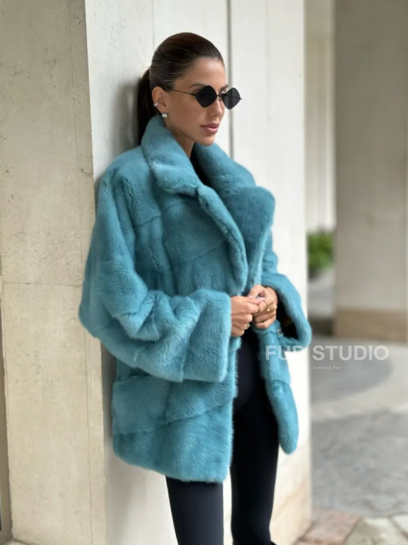 Шуба из норки с английским воротником - цвет тиффани - фото 2