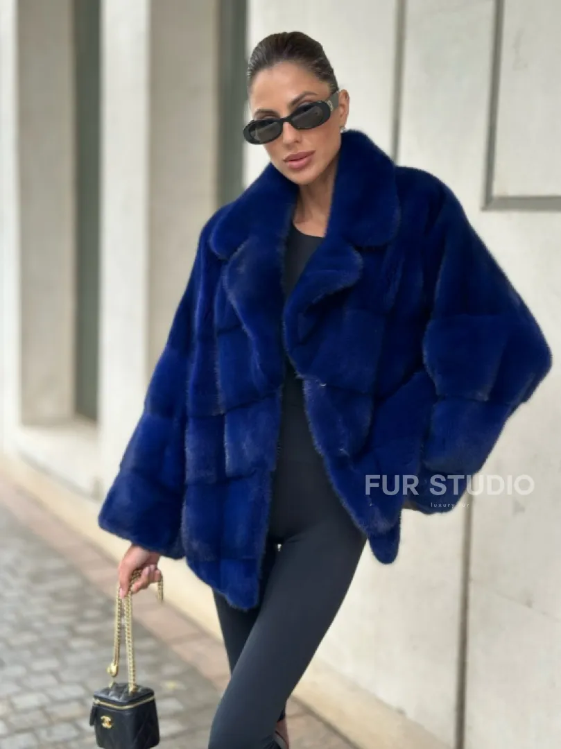Норковая велюровая шуба  - автоледи в синем цвете - фото 0