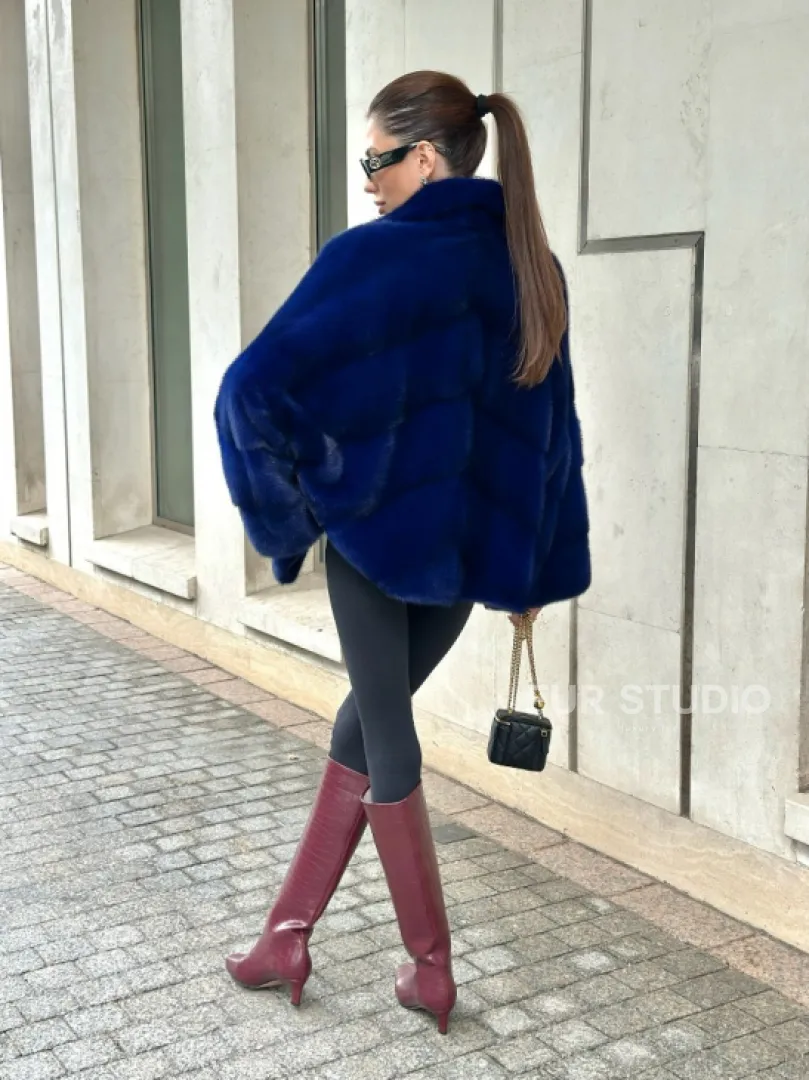 Норковая велюровая шуба  - автоледи в синем цвете - фото 6