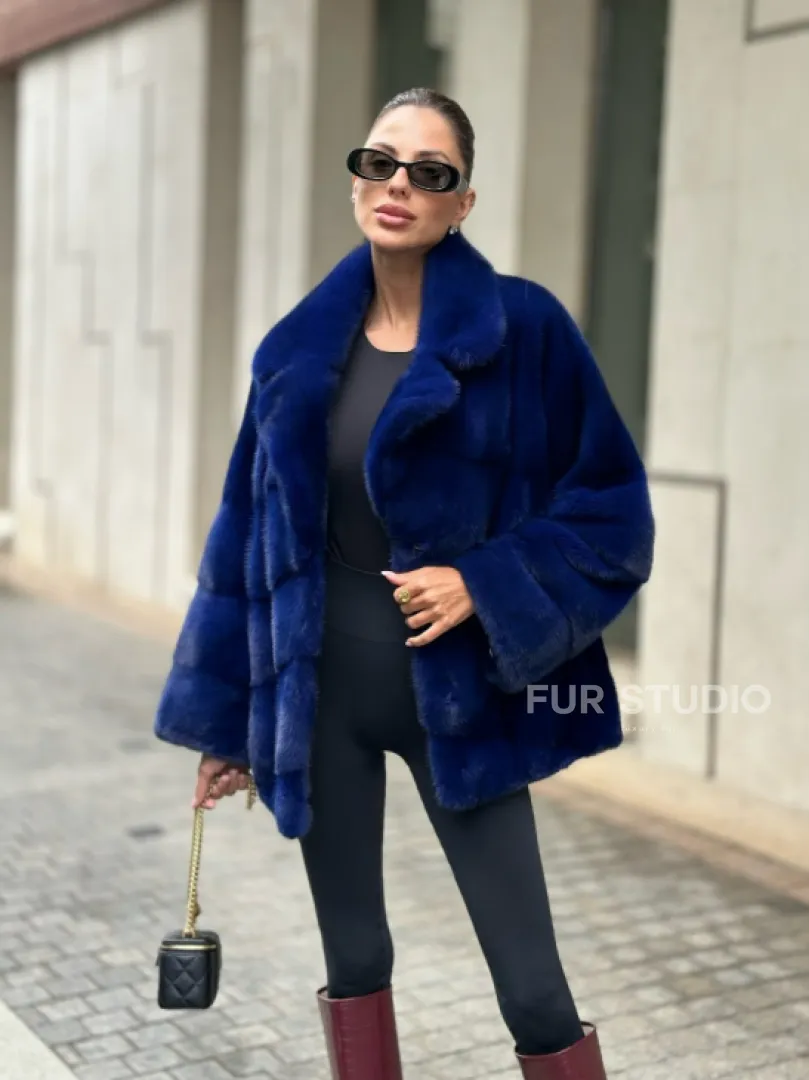 Норковая велюровая шуба  - автоледи в синем цвете - фото 4