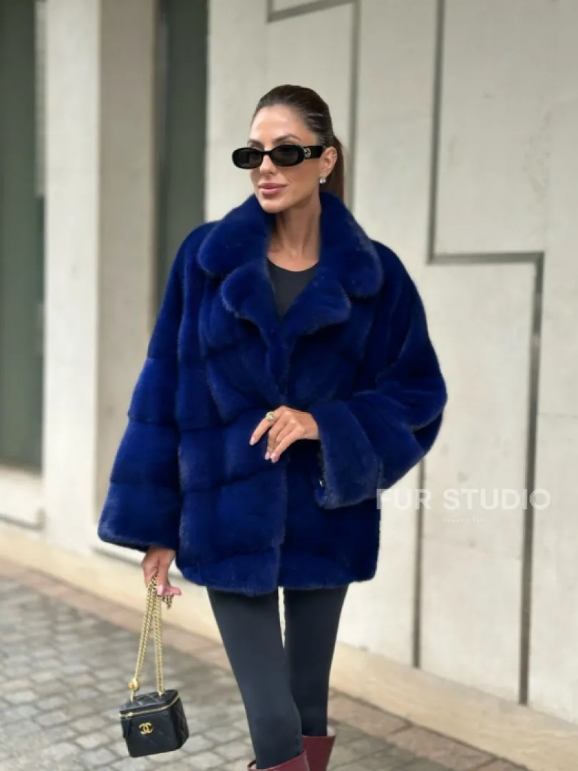 Норковая велюровая шуба  - автоледи в синем цвете - фото 5