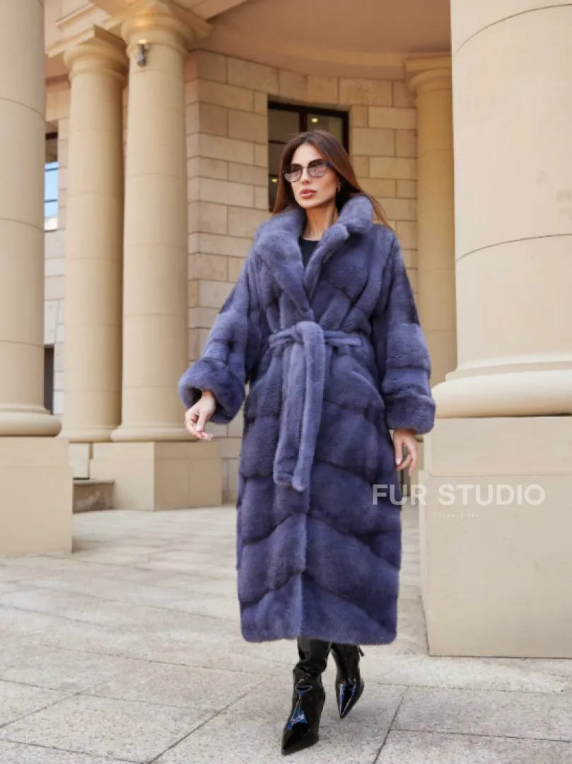 Шуба с поясом из аукционной норки цвет сапфир - фото 4