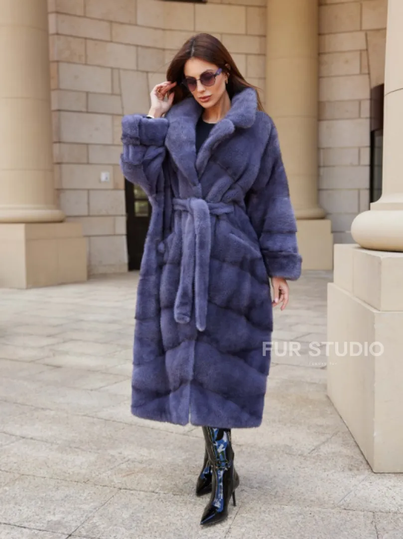 Шуба с поясом из аукционной норки цвет сапфир - фото 1
